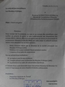 Préavis de grève des travailleurs Les Moulins d'Afrique