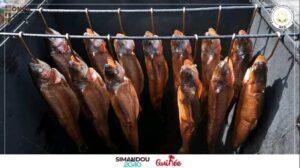 Des poissons fumés suspendus