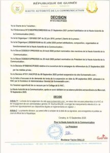 Décision levée de suspension de guineematin.com