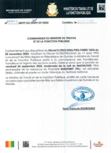 Communiqué du Ministère de la fonction publique suite à la célébration Maouloud déclarée férié